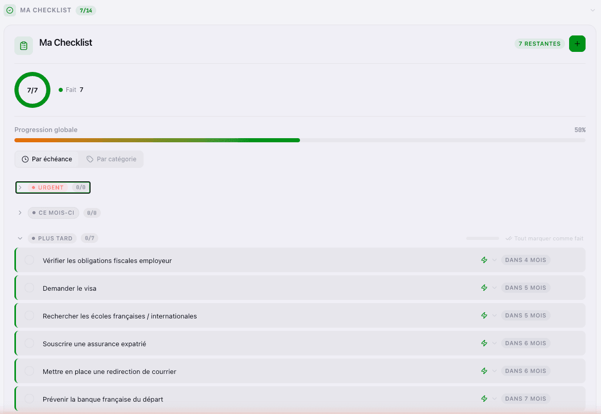 Dashboard expat — checklist personnalisée et progression