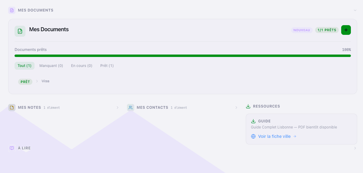 Dashboard expat — documents, notes et contacts